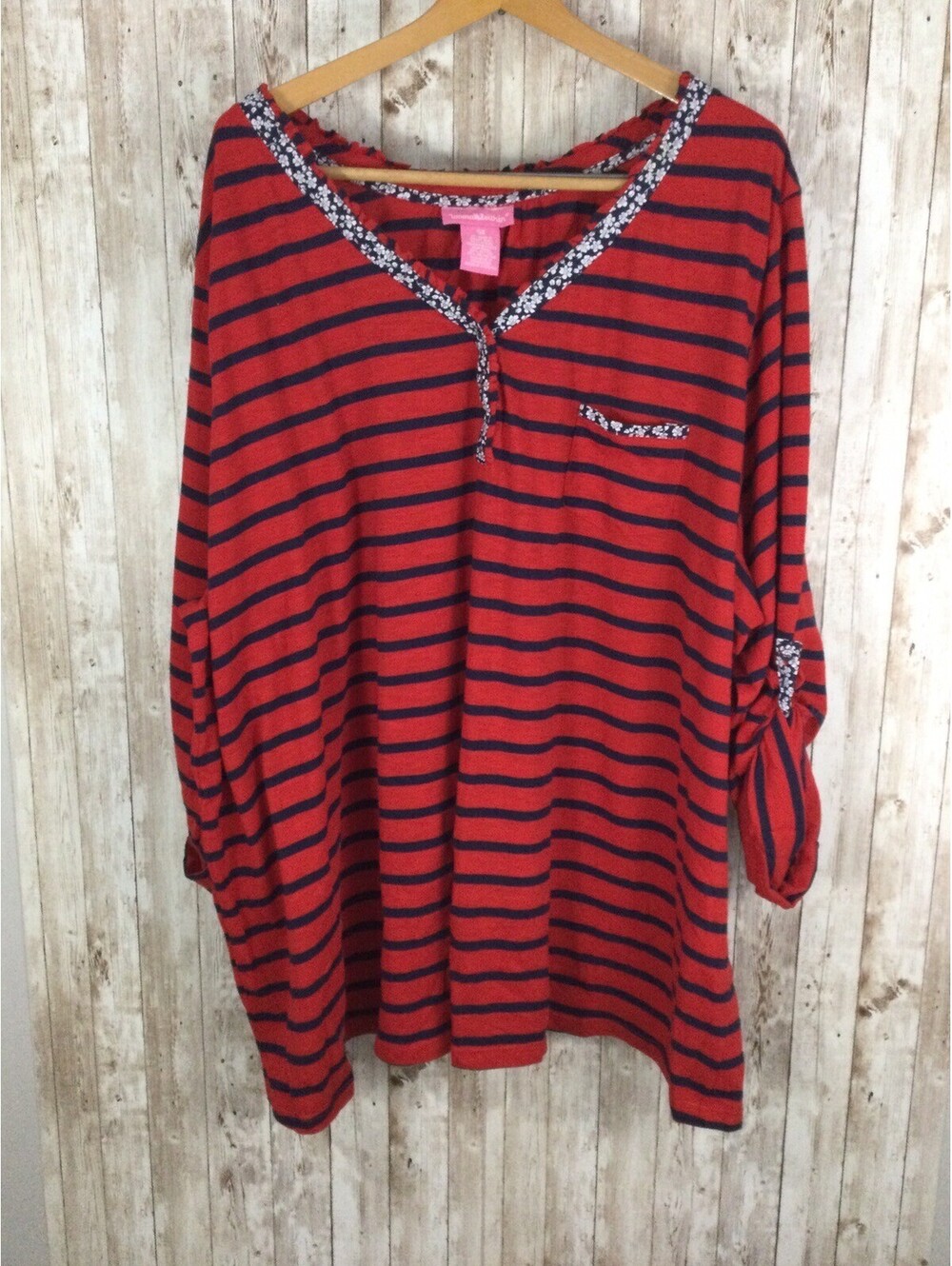 Woman Within 5X Top 1/4 Button adj Sleeve Ruffle V Neck Top Red Navy Stripe